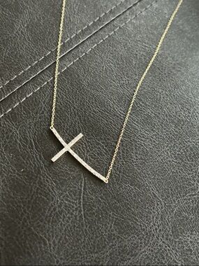 Delicate Gold Cross Bar Necklace with natural diamonds 💎